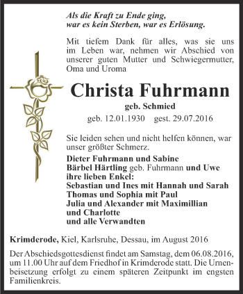 Traueranzeige von Christa Fuhrmann von Thüringer Allgemeine