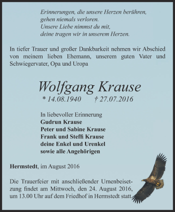 Traueranzeige von Wolfgang Krause von Thüringer Allgemeine, Thüringische Landeszeitung