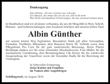 Traueranzeige von Albin Günther von Thüringer Allgemeine