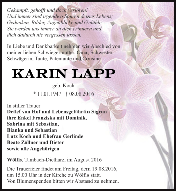 Traueranzeige von Karin Lapp von Ostthüringer Zeitung, Thüringische Landeszeitung