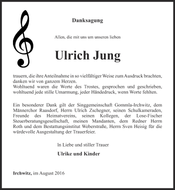 Traueranzeige von Ulrich Jung von Ostthüringer Zeitung