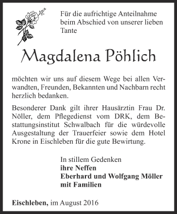 Traueranzeige von Magdalena Pöhlich von Thüringer Allgemeine