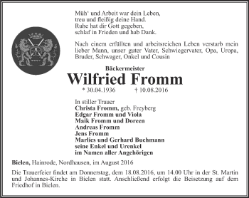 Traueranzeige von Wilfried Fromm von Thüringer Allgemeine