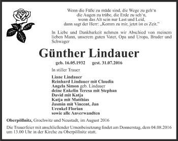 Traueranzeige von Günther Lindauer von Ostthüringer Zeitung