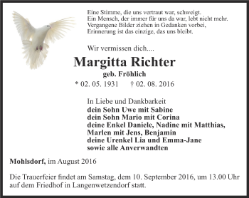 Traueranzeige von Margitta Richter von Ostthüringer Zeitung