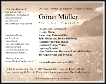 Traueranzeige von Göran Müller von Ostthüringer Zeitung