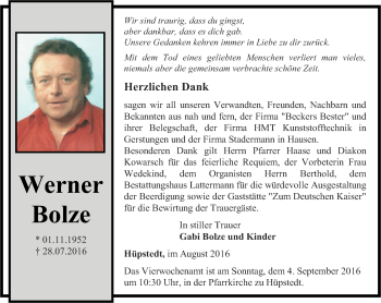 Traueranzeige von Werner Bolze von Thüringer Allgemeine, Thüringische Landeszeitung