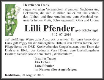 Traueranzeige von Lilli Pfender von Thüringer Allgemeine