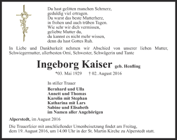 Traueranzeige von Ingeborg Kaiser von Thüringer Allgemeine, Thüringische Landeszeitung