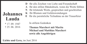 Traueranzeige von Johannes Lauda von Ostthüringer Zeitung