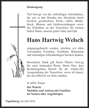 Traueranzeige von Hans Hartwig Welsch von Thüringer Allgemeine