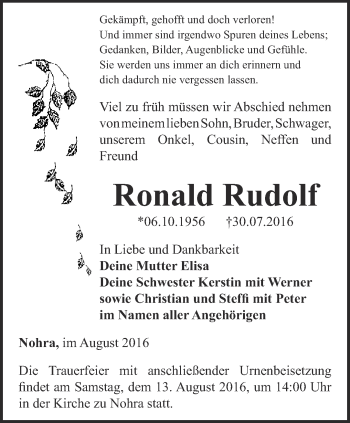 Traueranzeige von Ronald Rudolf von Thüringer Allgemeine, Thüringische Landeszeitung