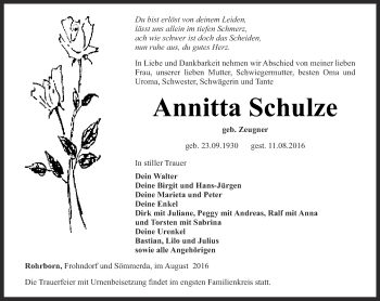 Traueranzeige von Annitta Schulze von Thüringer Allgemeine