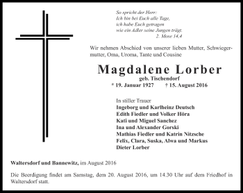 Traueranzeige von Magdalene Lorber von Ostthüringer Zeitung