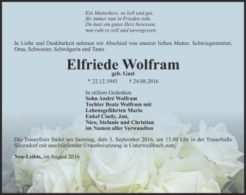 Traueranzeige von Elfriede Wolfram von Ostthüringer Zeitung