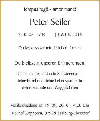 Traueranzeige von Peter Seiler von Ostthüringer Zeitung