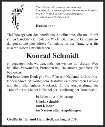 Traueranzeige von Konrad Schmidt von Thüringer Allgemeine