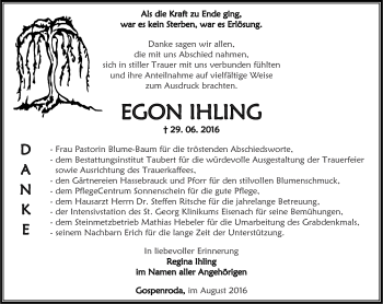 Traueranzeige von Egon Ihling von Thüringer Allgemeine, Thüringische Landeszeitung