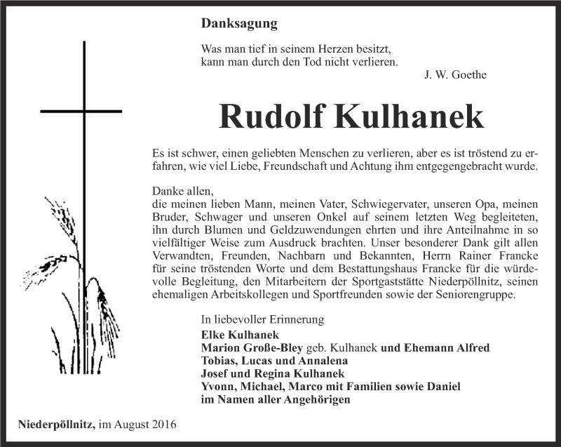  Traueranzeige für Rudolf Kulhanek vom 12.08.2016 aus Ostthüringer Zeitung