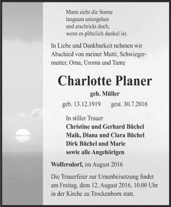 Traueranzeige von Charlotte Planer von Ostthüringer Zeitung