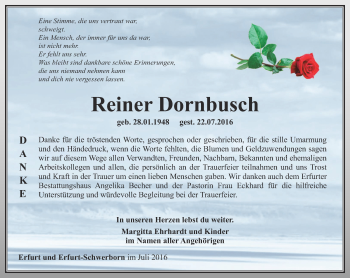 Traueranzeige von Reiner Dornbusch von Thüringer Allgemeine, Thüringische Landeszeitung