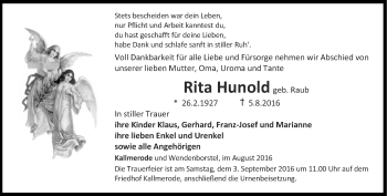 Traueranzeige von Rita Hunold von Thüringer Allgemeine