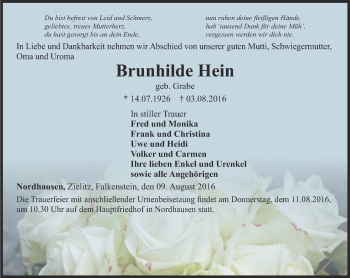 Traueranzeige von Brunhilde Hein von Thüringer Allgemeine