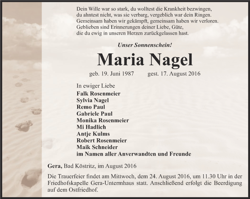  Traueranzeige für Maria Nagel vom 22.08.2016 aus Ostthüringer Zeitung