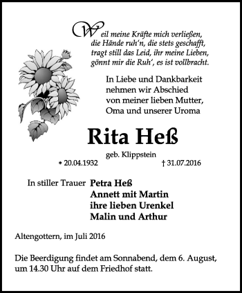 Traueranzeige von Rita Heß von Thüringer Allgemeine, Thüringische Landeszeitung