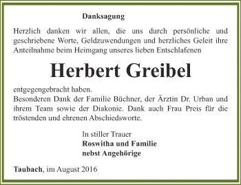 Traueranzeige von Herbert Greibel von Thüringer Allgemeine, Thüringische Landeszeitung