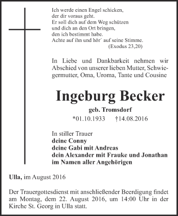 Traueranzeige von Ingeburg Becker von Thüringer Allgemeine, Thüringische Landeszeitung