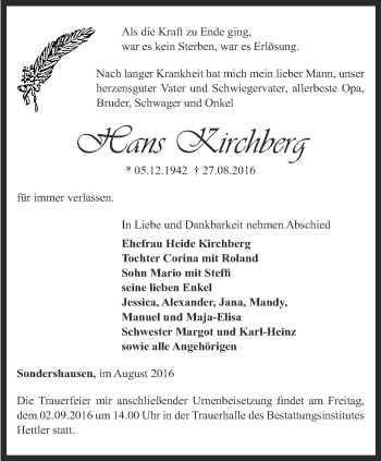 Traueranzeige von Hans Kirchberg von Thüringer Allgemeine