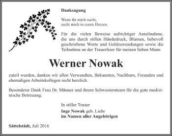 Traueranzeige von Werner Nowak von Thüringer Allgemeine, Thüringische Landeszeitung