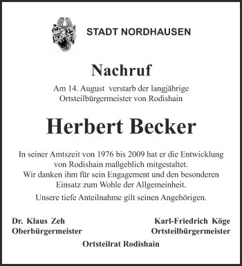 Traueranzeige von Herbert Becker von Thüringer Allgemeine