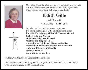 Traueranzeige von Edith Gille von Thüringer Allgemeine