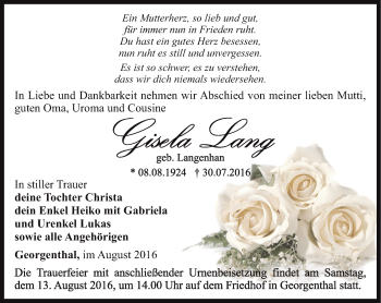 Traueranzeige von Gisela Lang von Ostthüringer Zeitung, Thüringische Landeszeitung