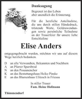 Traueranzeige von Elise Anders von Ostthüringer Zeitung