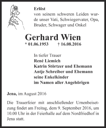 Traueranzeige von Gerhard Wien von Ostthüringer Zeitung, Thüringische Landeszeitung