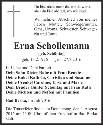 Traueranzeige von Erna Schollemann von Thüringer Allgemeine, Thüringische Landeszeitung