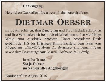 Traueranzeige von Dietmar Oebser von Ostthüringer Zeitung