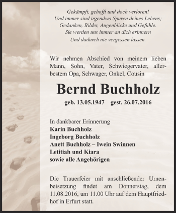 Traueranzeige von Bernd Buchholz von Thüringer Allgemeine, Thüringische Landeszeitung