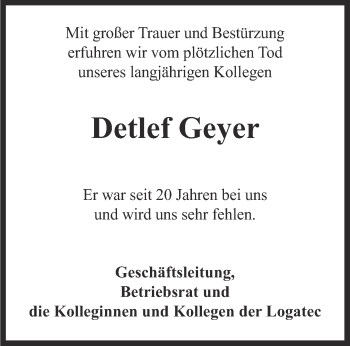 Traueranzeige von Detlef Geyer von Thüringer Allgemeine