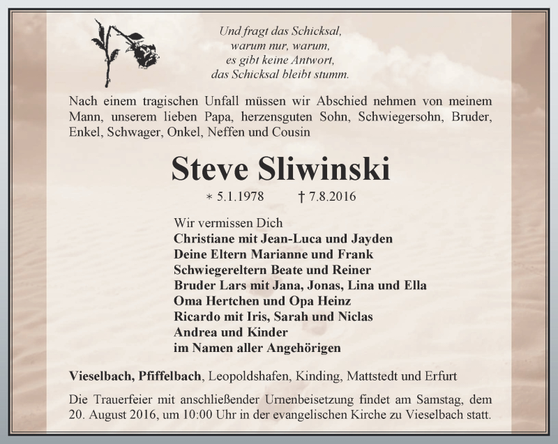  Traueranzeige für Steve Sliwinski vom 13.08.2016 aus Thüringer Allgemeine, Thüringische Landeszeitung