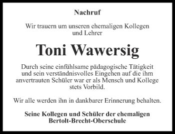 Traueranzeige von Toni Wawersig von Ostthüringer Zeitung