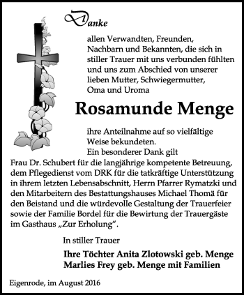 Traueranzeige von Rosamunde Menge von Thüringer Allgemeine, Thüringische Landeszeitung