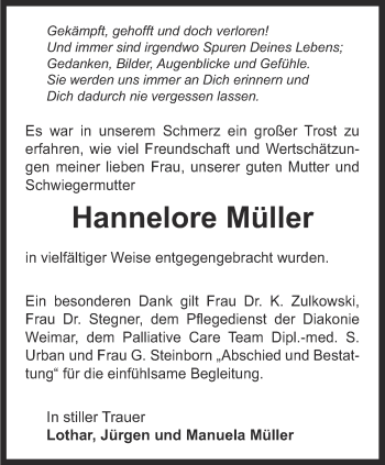 Traueranzeige von Hannelore Müller von Thüringer Allgemeine, Thüringische Landeszeitung