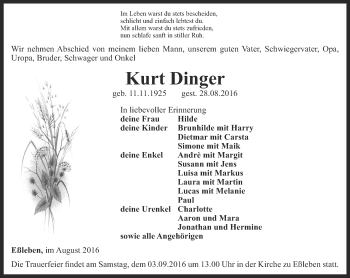 Traueranzeige von Kurt Dinger von Thüringer Allgemeine