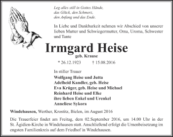 Traueranzeige von Irmgard Heise von Thüringer Allgemeine