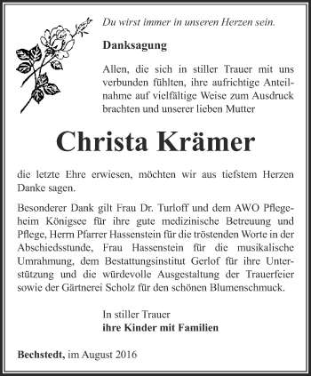 Traueranzeige von Christa Krämer von Ostthüringer Zeitung