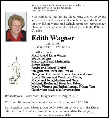 Traueranzeige von Edith Wagner von Thüringer Allgemeine